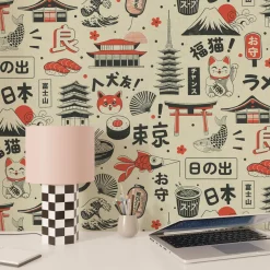 Hot Papier peint intissé KAWAII noir et rouge orangé - Papiers Peints