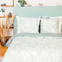 Hot Parure de lit lin et coton lavé PAMPELUNE blanc / vert 260 x 240 cm Linge De Maison